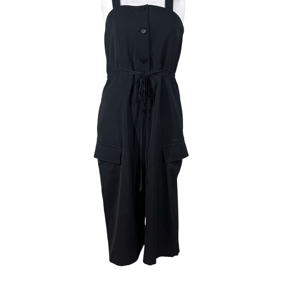 Tibi Drape Twill Crop Jumpsuit Size 8 Black Button Front Cargo Pockets Utility